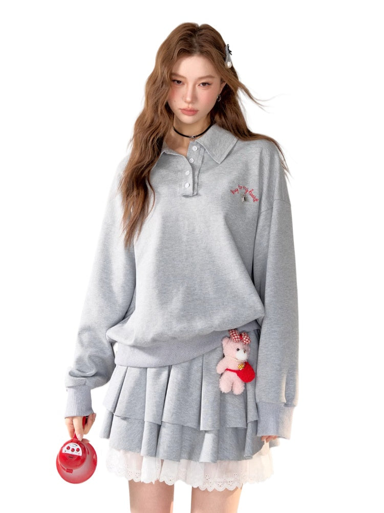 American College Style Polo Collar Sweatshirt &amp; Skirt Set