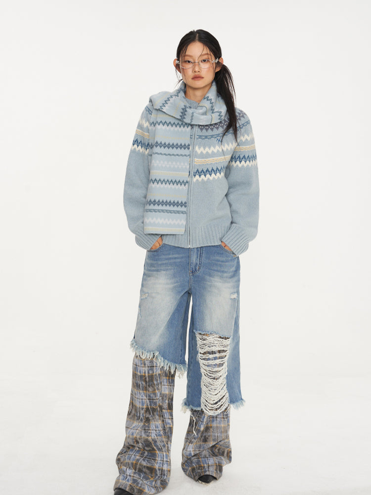 Dual-Layer Plaid Denim Pants