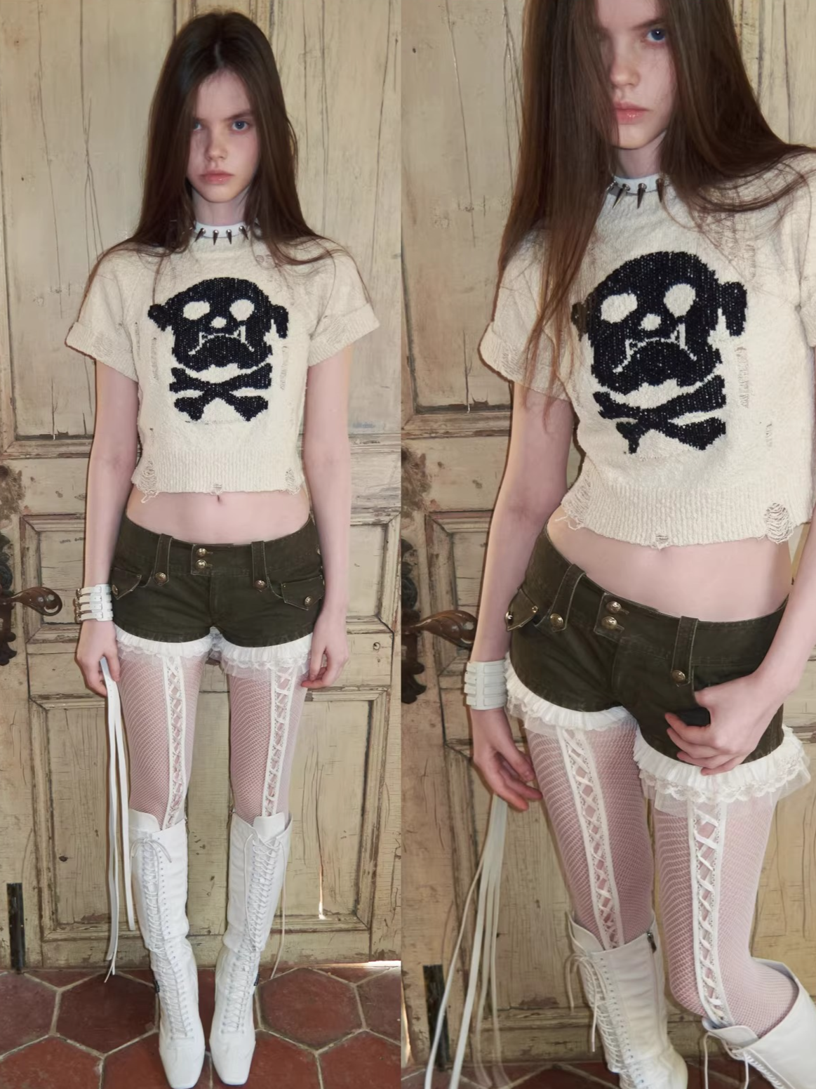 Skeleton Distressed Knit Short Sleeve Top