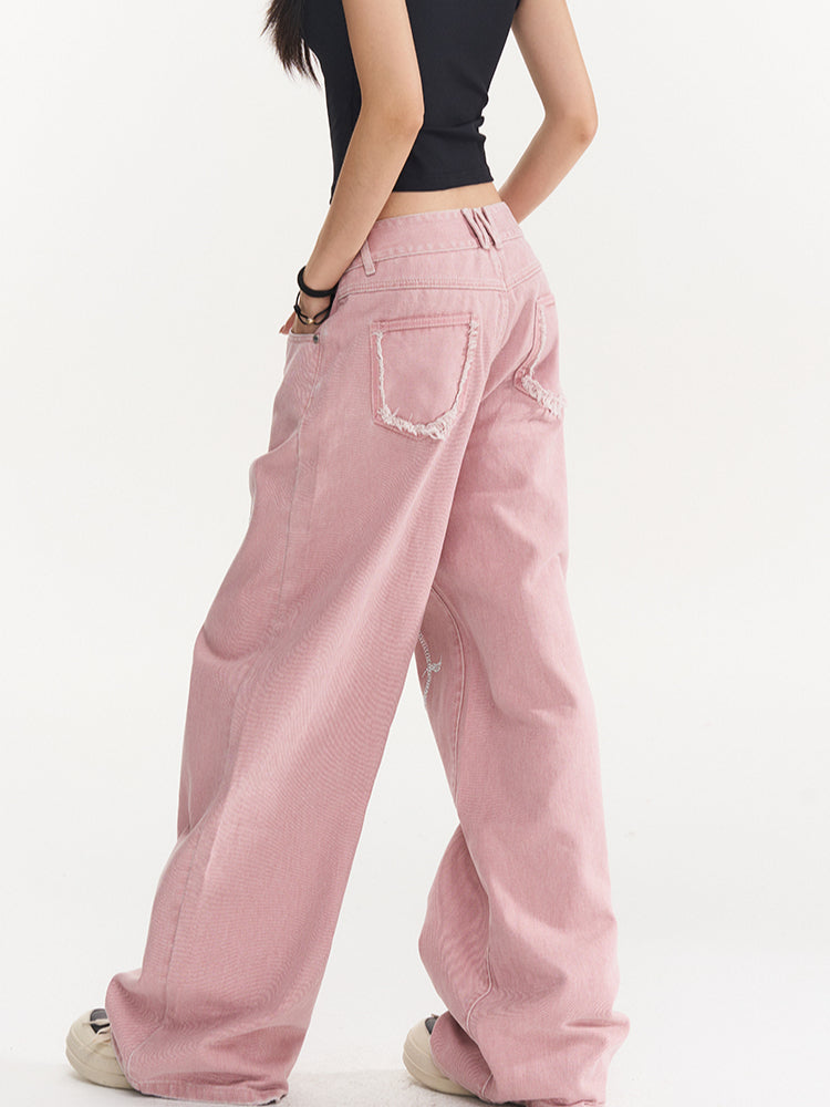 Pink Rhinestone Low-Waist Wide-Leg Jeans