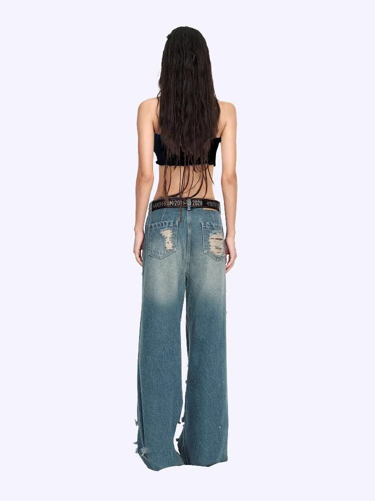 Vintage Washed Distressed Wide-Leg Denim Jeans