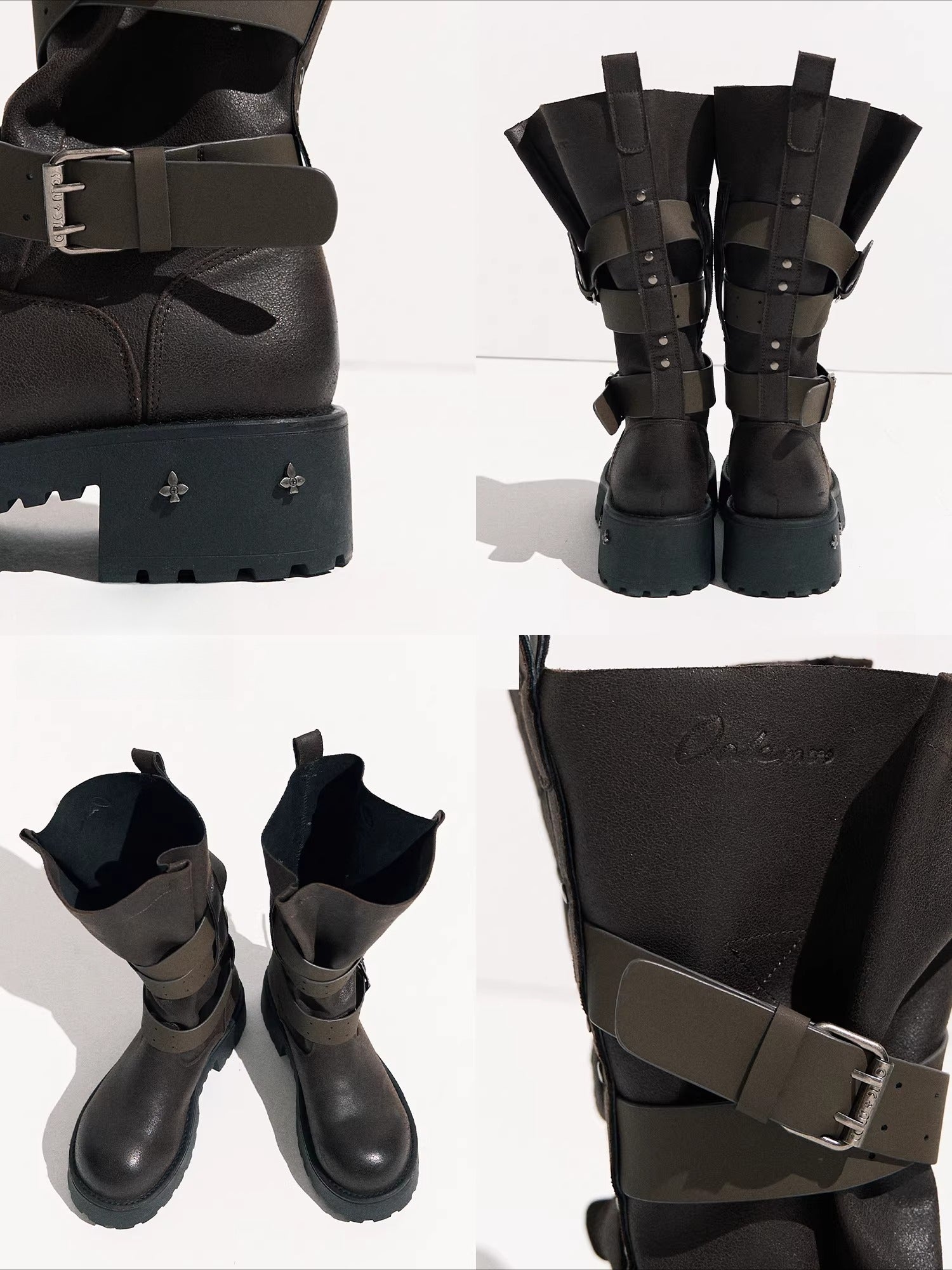 Vintage Petal-Tie Mid-Calf Leather Boots