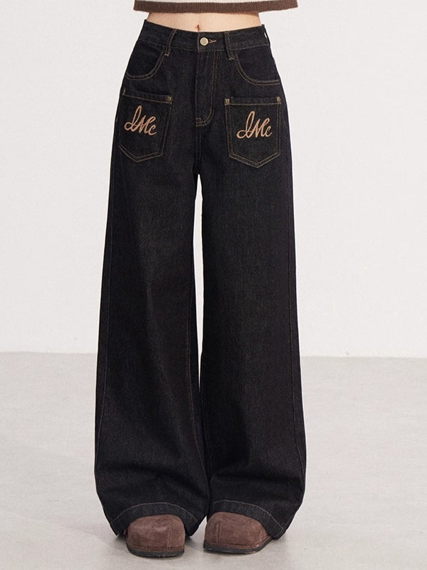 Embroidered Vintage Wide-Leg Denim Pants