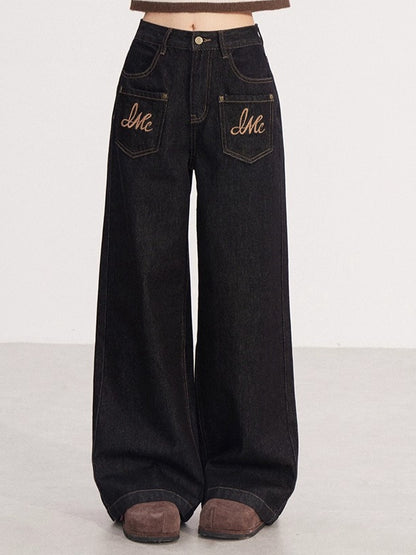 Embroidered Vintage Wide-Leg Denim Pants