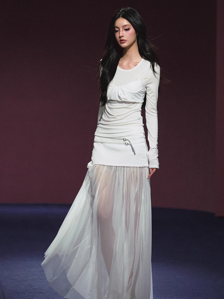 Lyocell Fake Two-piece Sheer Blouse &amp; Skirt Set