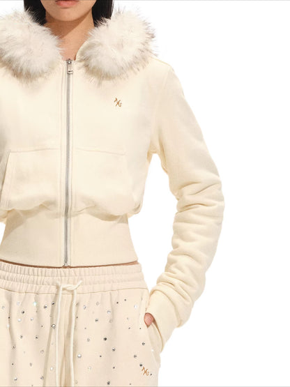 Detachable Faux Fur Collar Hooded Fitted Jacket