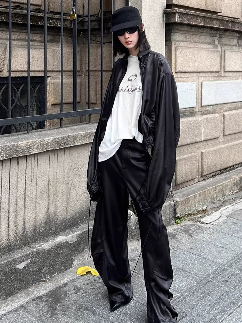 Draped Satin Pleated Wide-Leg Trousers