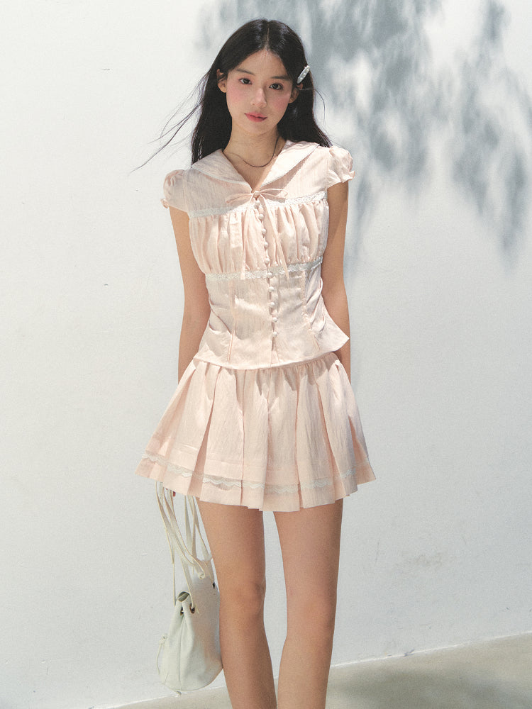 Navy Collar Lyocell Waist-cinching Shirt &amp; Skirt Set