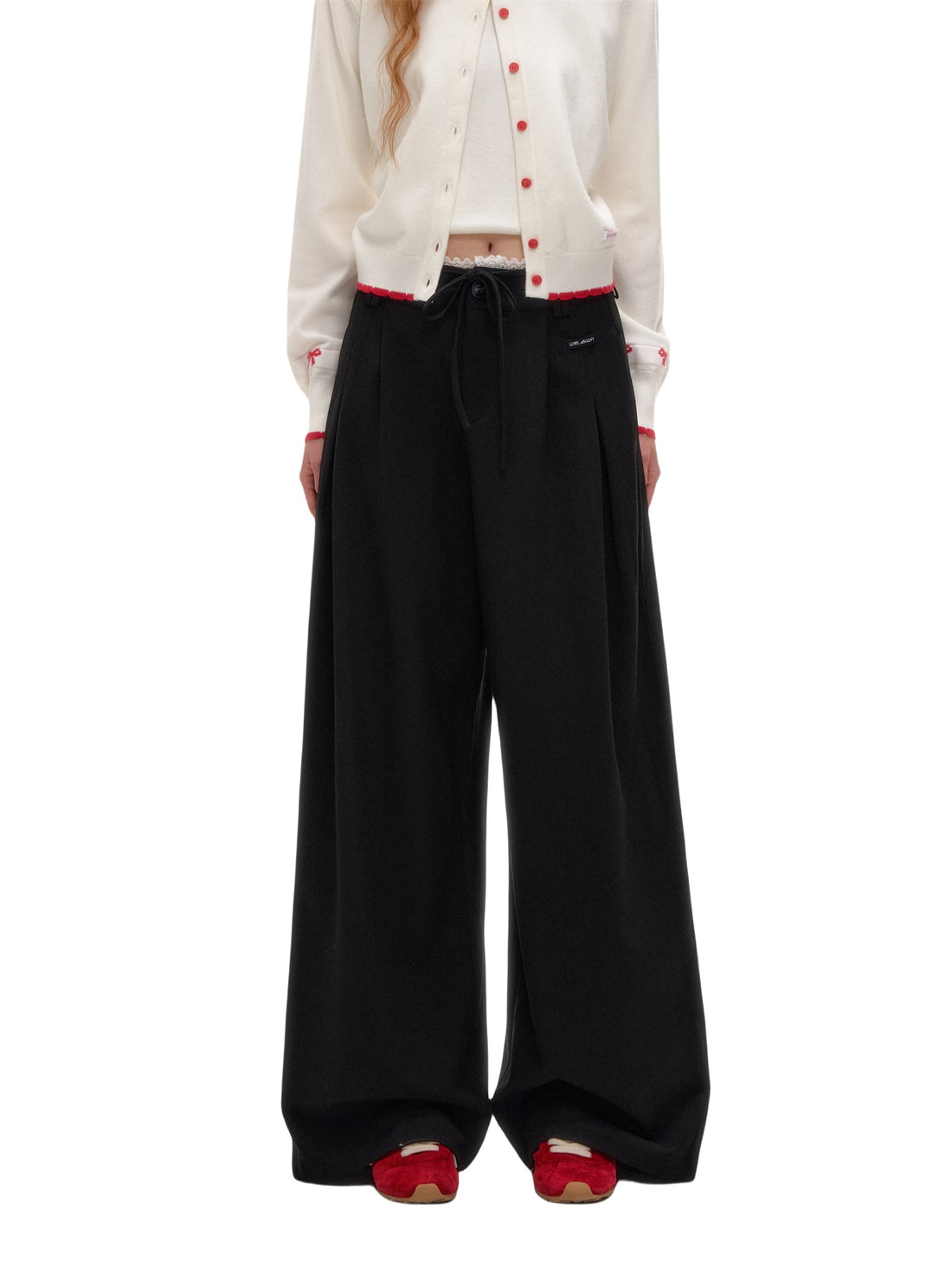 Lace-Trim Waist Tie Wide-Leg Pants