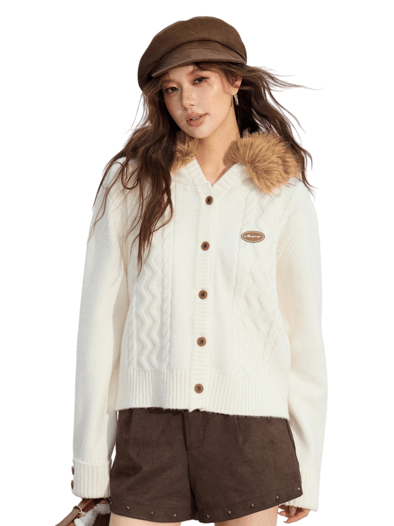 Detachable-Fur Cable-Knit Hoodie