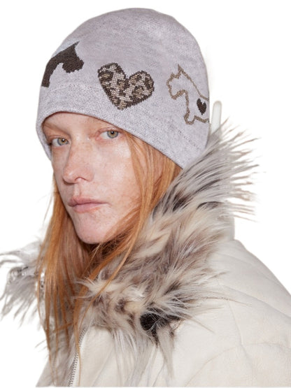 Leopard Print Love Dog Jacquard Wool Beanie