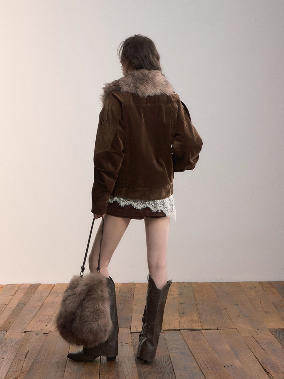Belt Detail Retro Corduroy Down Jacket