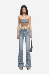 Blue Distressed Slim-Fit Flared Jeans - CHINASQUAD