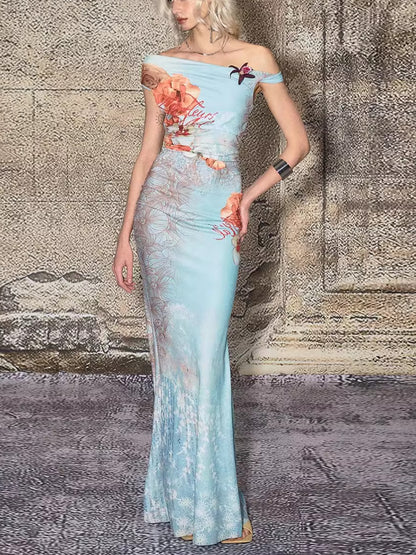 Off-Shoulder Printed Fitted Mermaid Maxi Dress