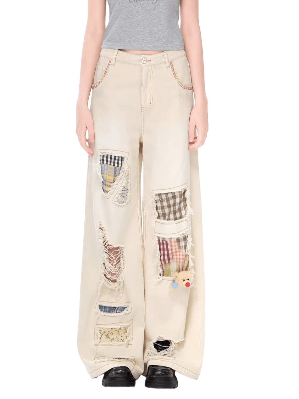 Distressed Plaid Straight-Leg Wide Jeans