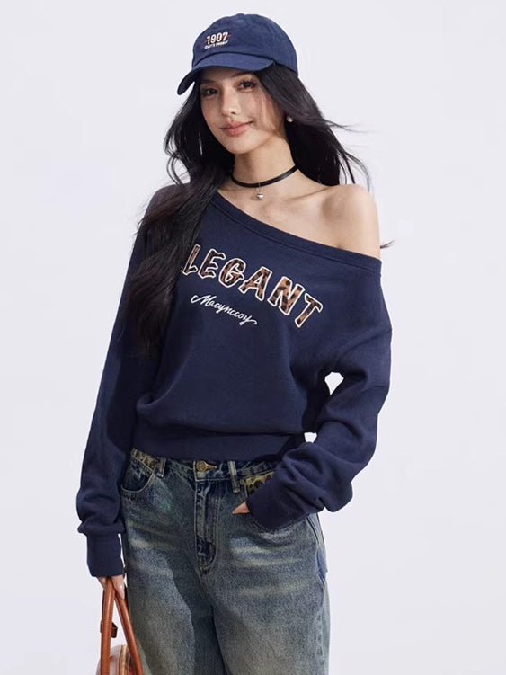 Off-Shoulder Letter-Print Cropped Sweatshirt