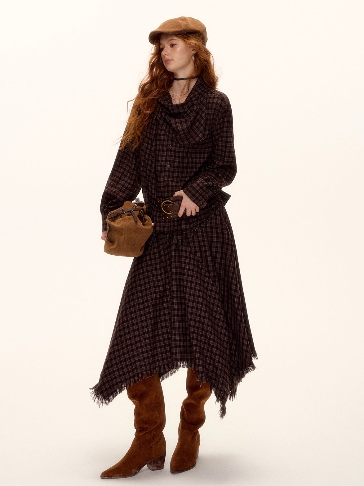 Frayed Hem Plaid Studded Belt Asymmetric A-Line Midi Skirt