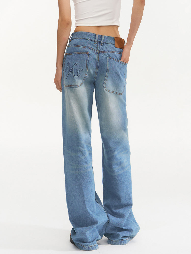 Water-Washed Low-Waist Loose Straight-Leg Pants