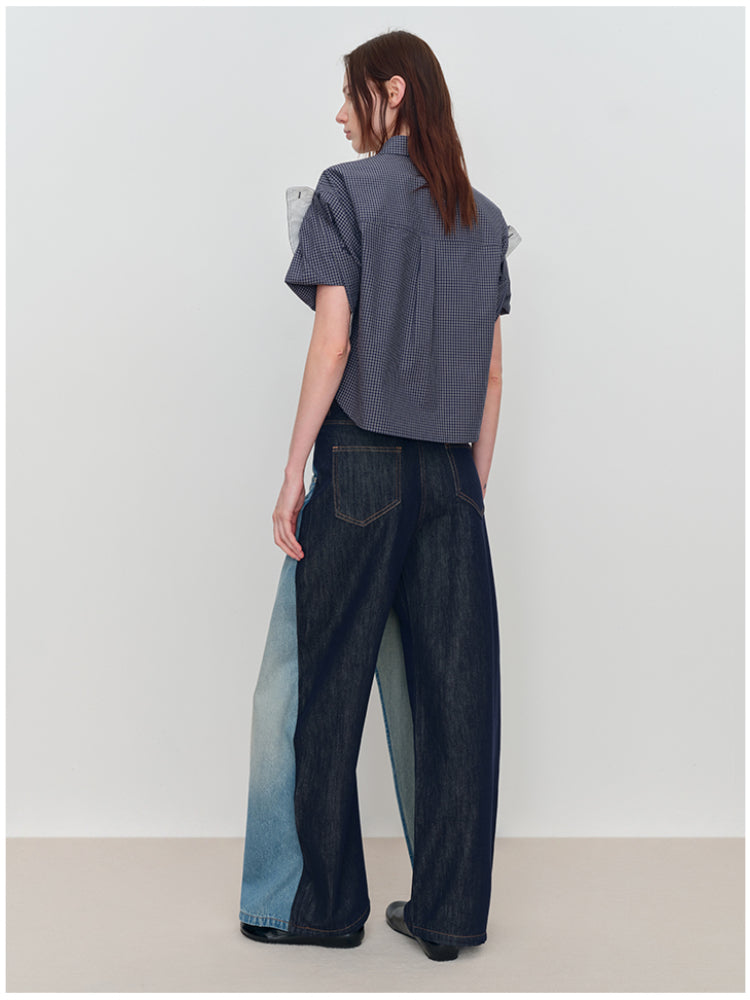 Spliced Fake Two-Piece Wide-Leg Jeans - CHINASQUAD