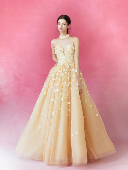 Champagne Floral Embroidered Tulle Ball Gown with Cape