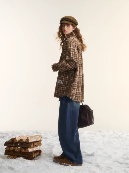 Oversized Lace-Trim Patchwork Plaid Shirt