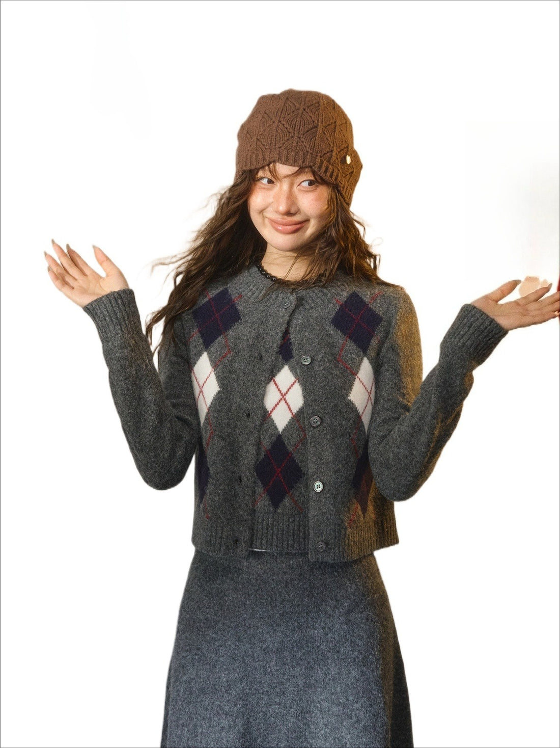 Floral Diamond Knit Vest / Cardigan / Skirt Set