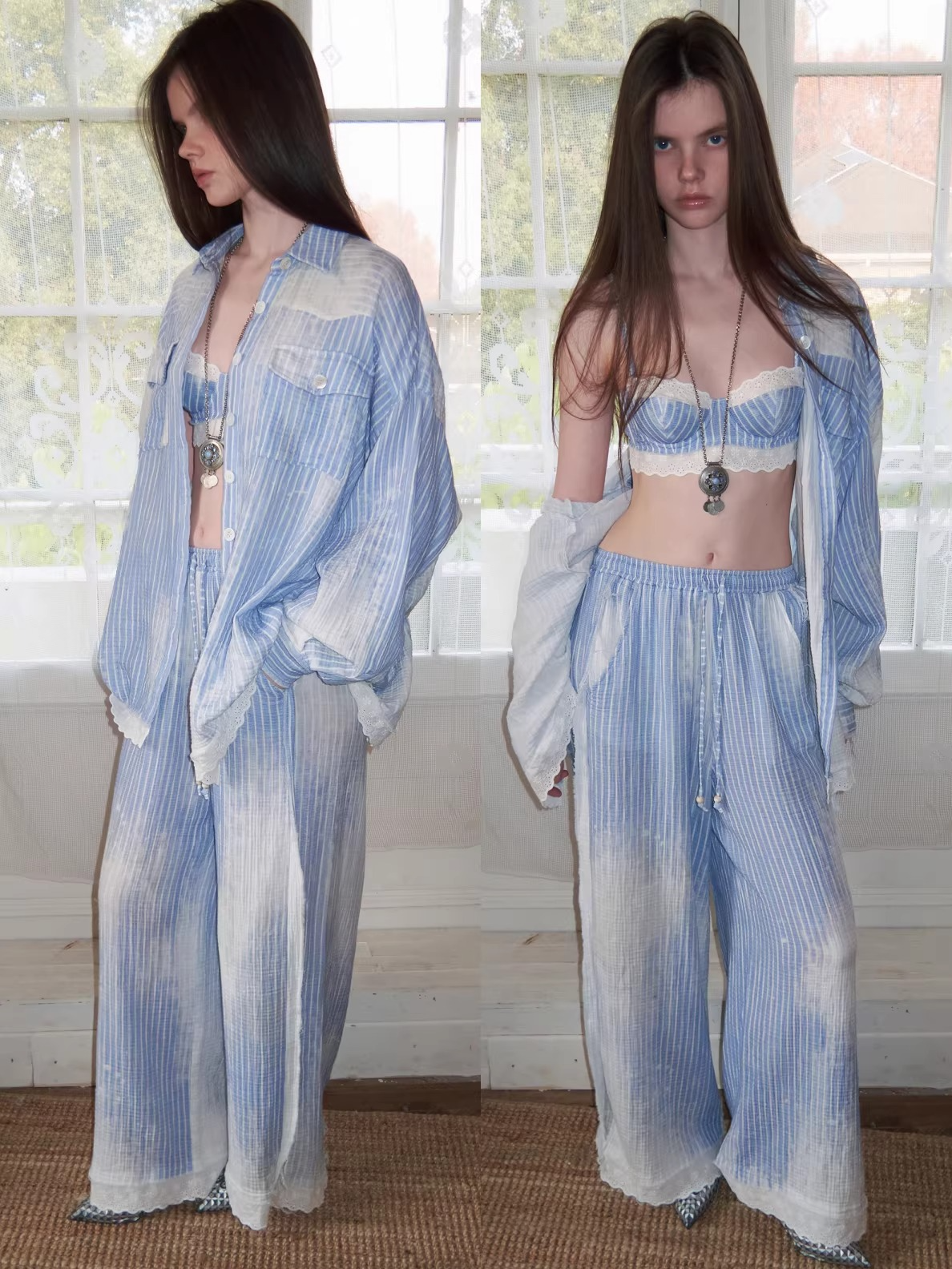 Washed Blue Stripe Shirt / Straight Pants / Corset Set