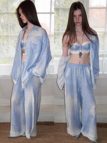 Washed Blue Stripe Shirt / Straight Pants / Corset Set