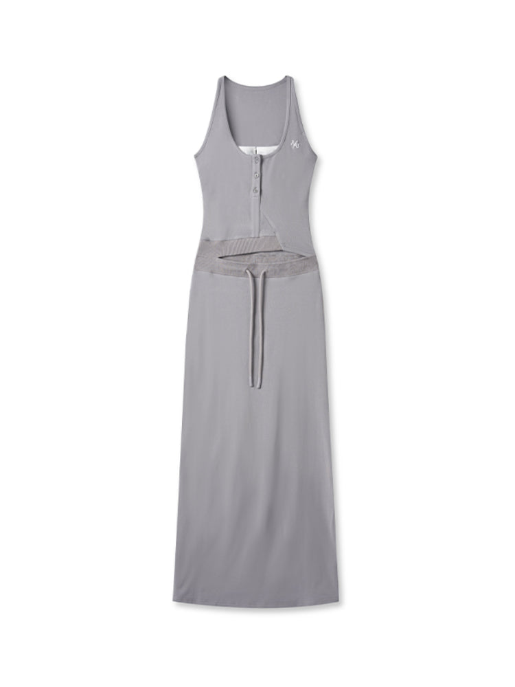 Contrast Color Fake Two-piece Waist Hollow Dress - CHINASQUAD