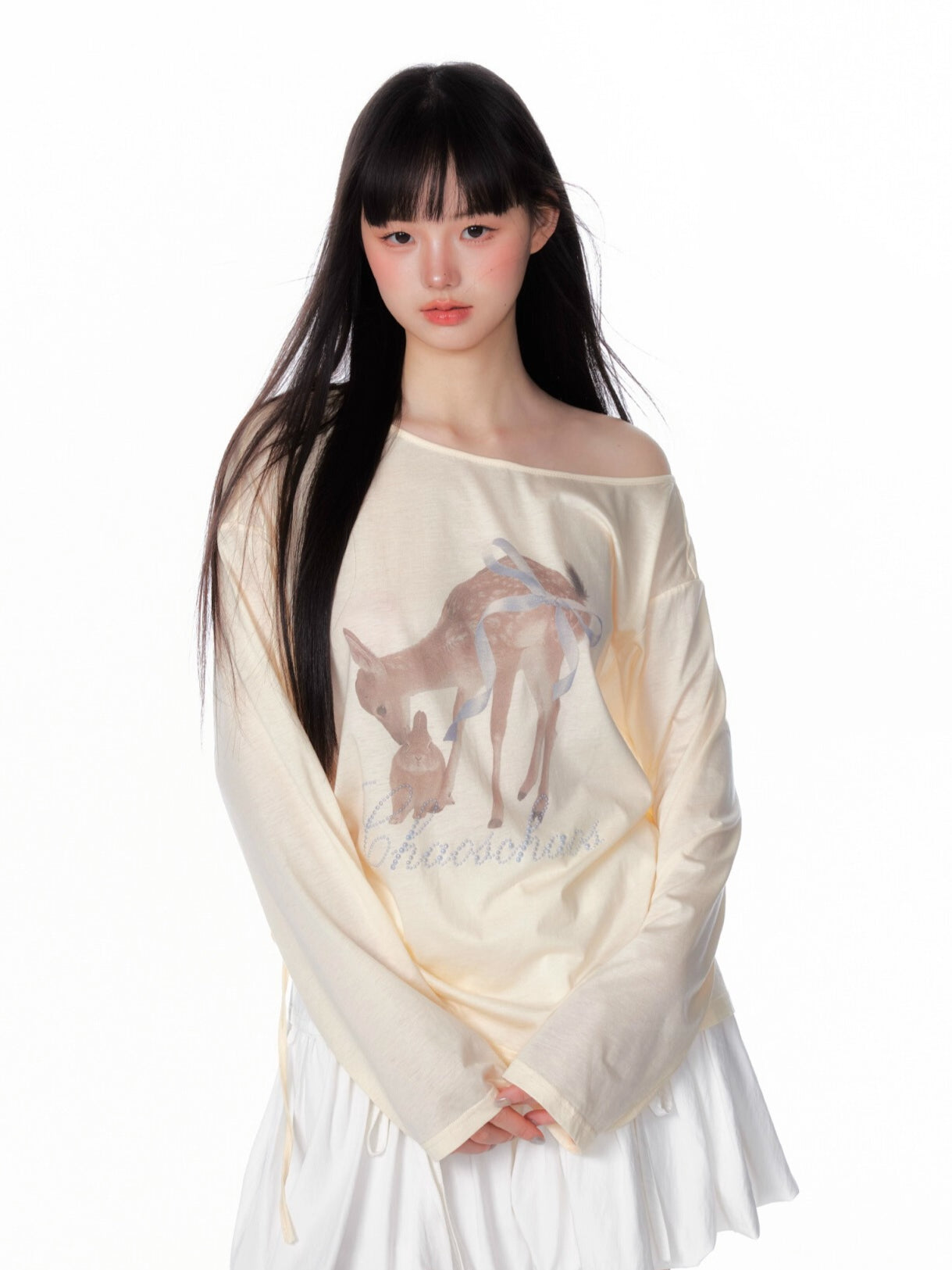 Asymmetric Deer Print Crystal-Embellished T-Shirt