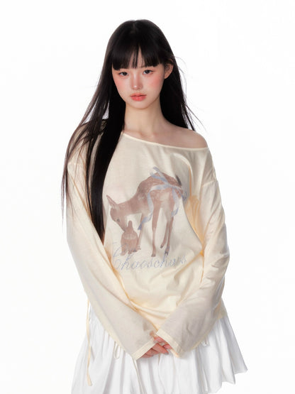 Asymmetric Deer Print Crystal-Embellished T-Shirt