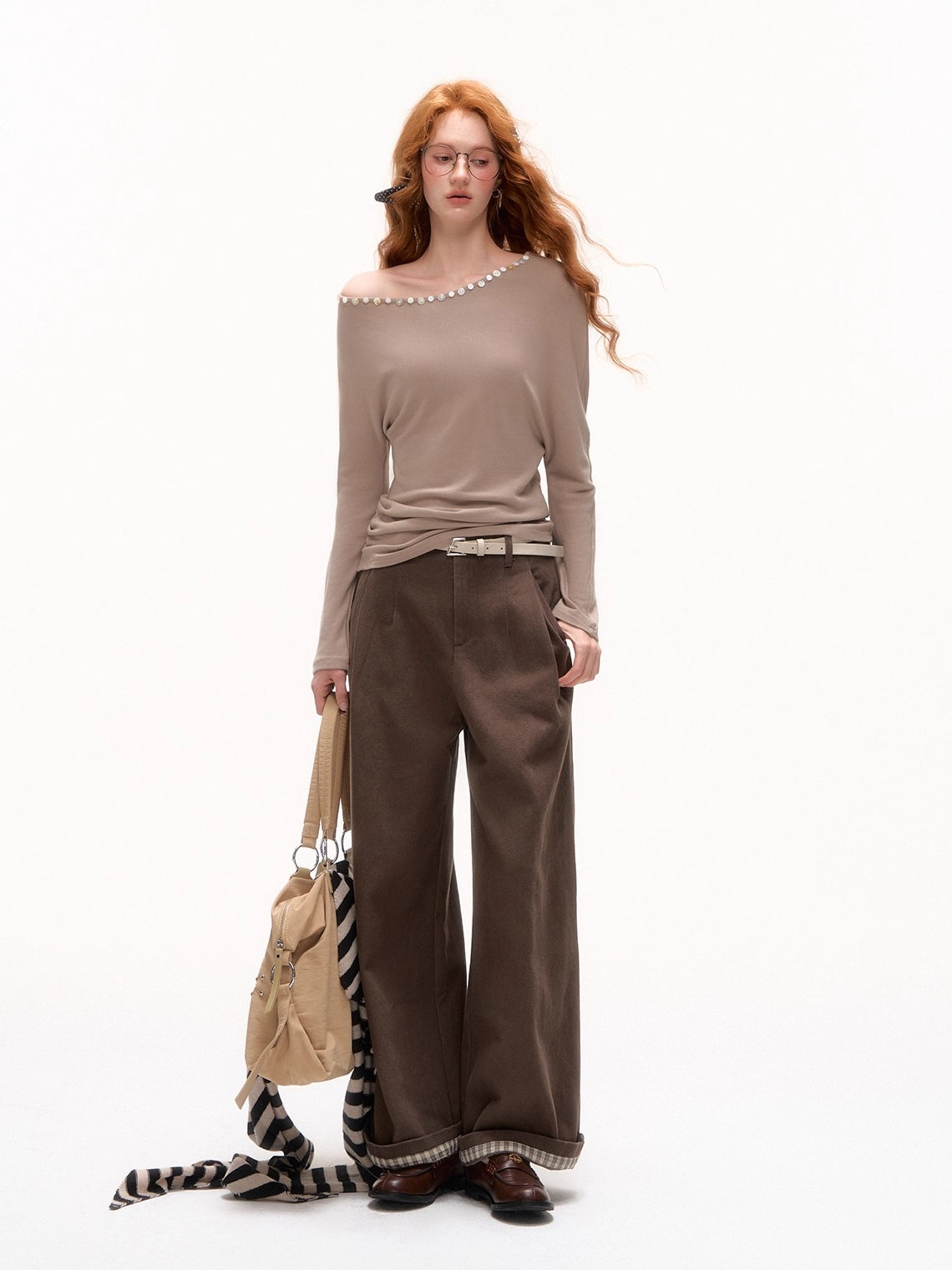 Off-Shoulder Pearl-Button Long-Sleeve T-Shirt