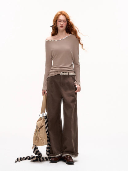 Off-Shoulder Pearl-Button Long-Sleeve T-Shirt