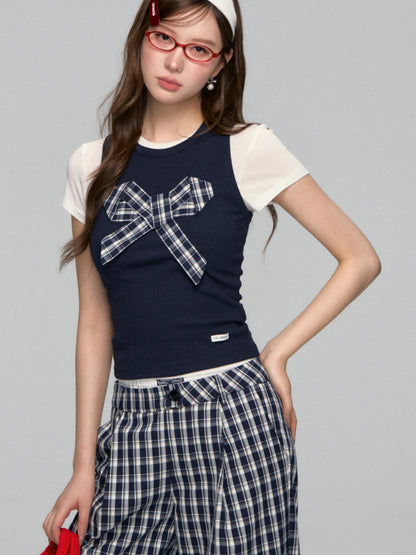 Checkered Bow Contrast Color Short - Sleeve Set