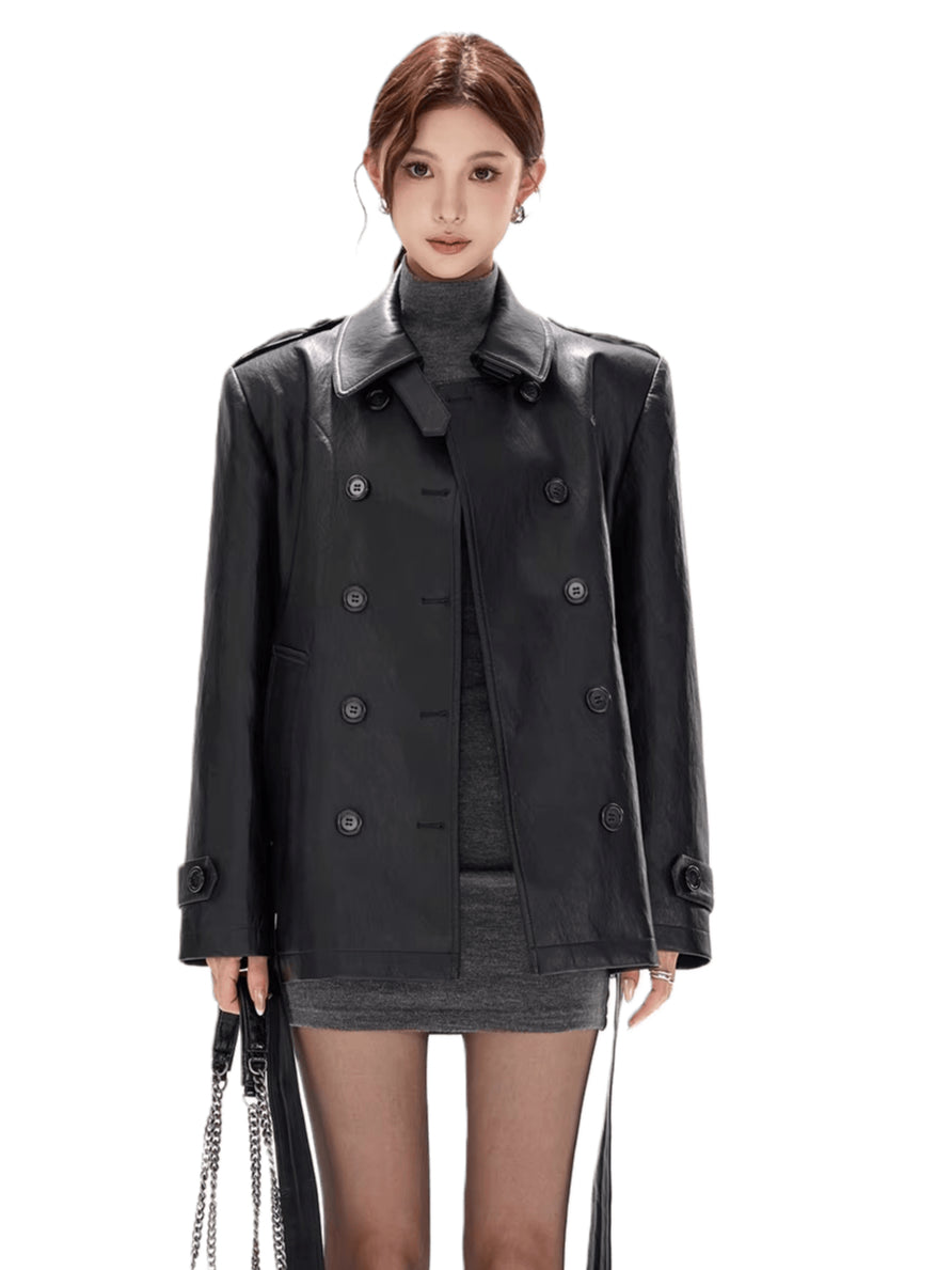Double-Breasted Belted Faux Leather Jacket
