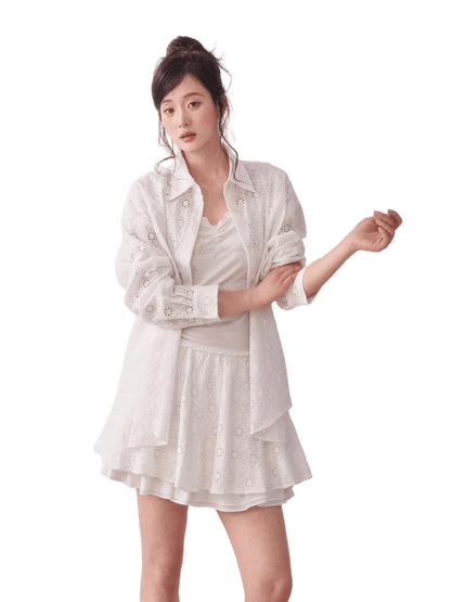 Lace Cutout Shirt &amp; Pleated Skirt Set