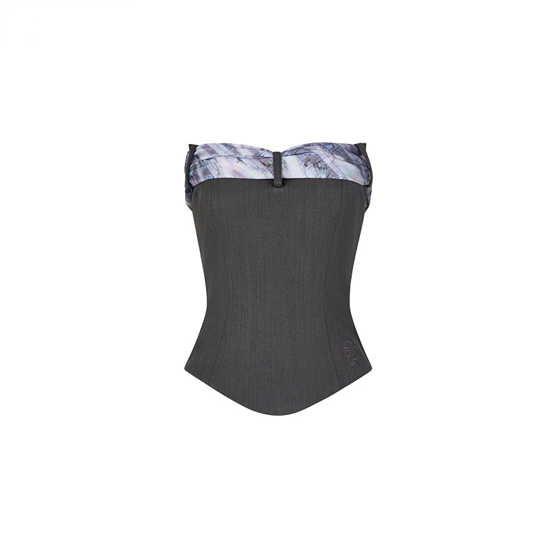 Gray &amp; Black Short Bandeau with Bow Strap Tank Top