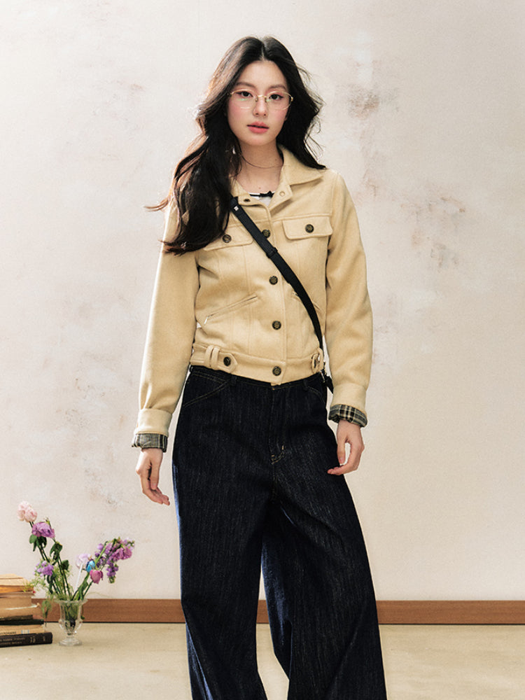 Khaki Suede Korean-Style Short Jacket