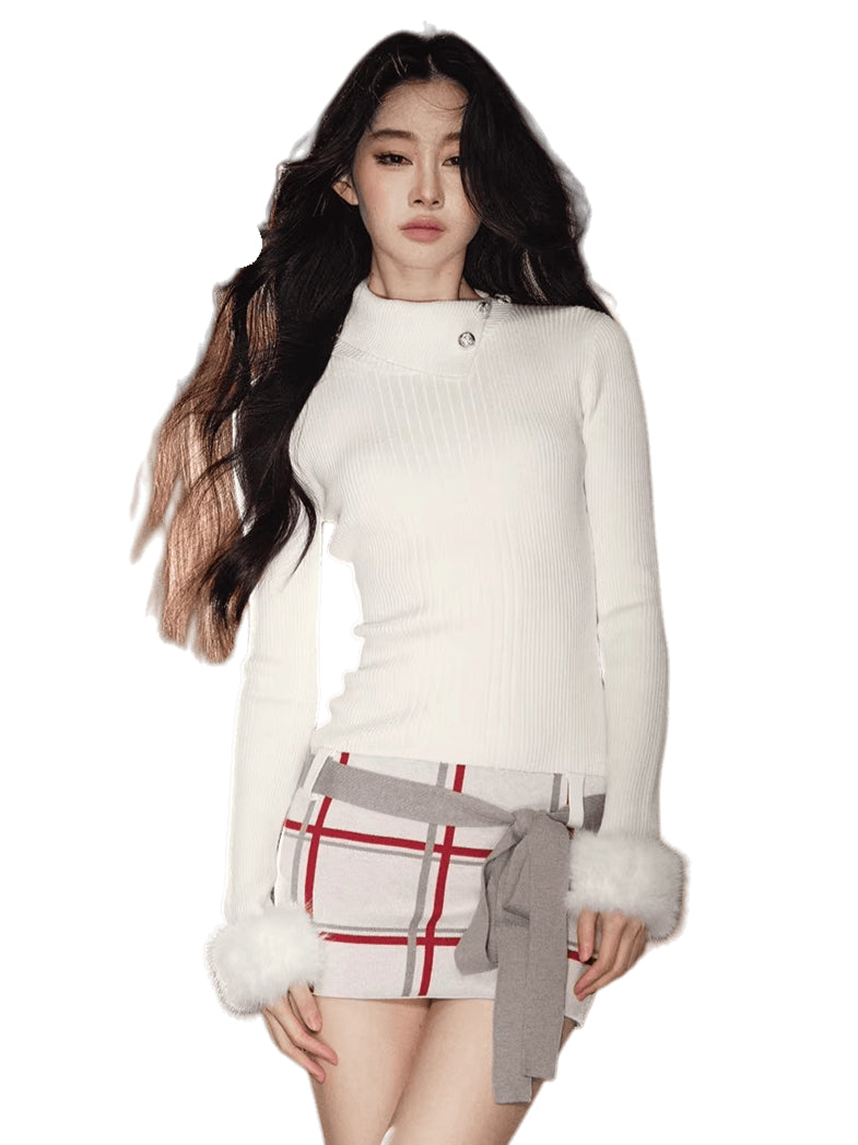 Faux-Fur Turtleneck Belted Slim-Fit Dress