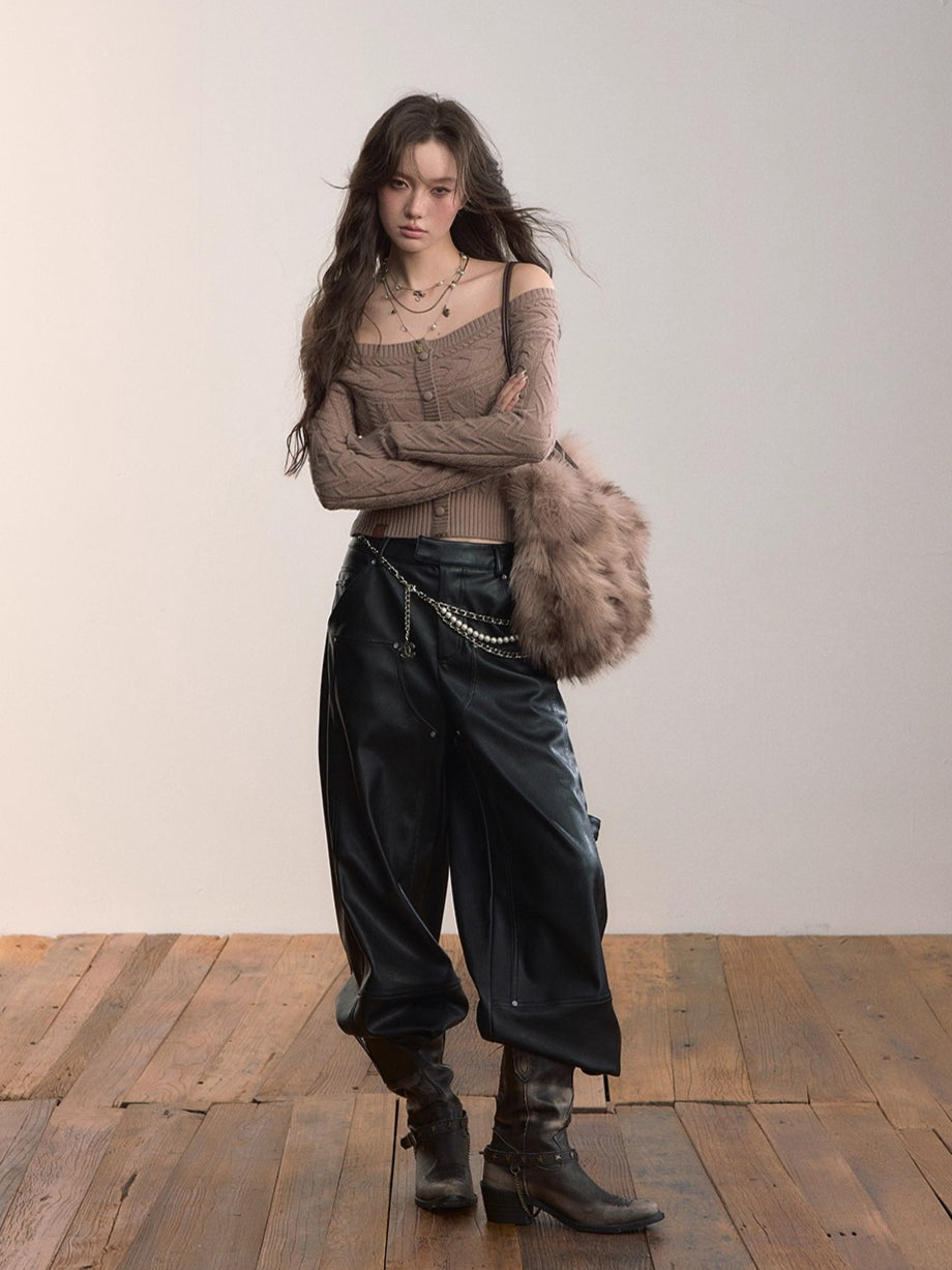 Gleam Rivet Strap PU Leather Pants