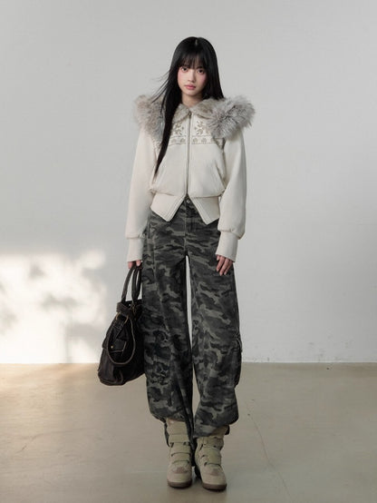 Vintage Rivet Embellished Fleece Hoodie Jacket