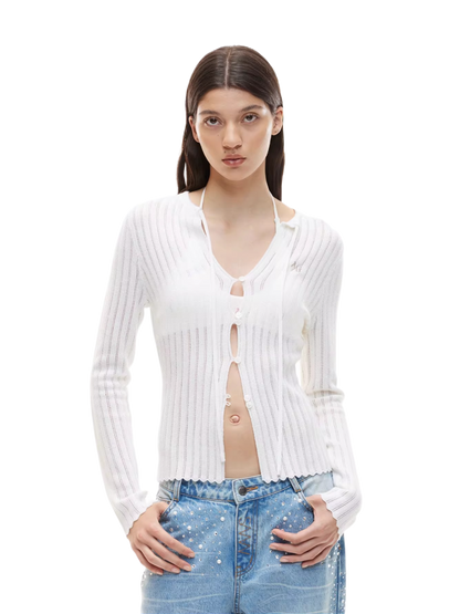 Openwork Ribbon Tie Knit Cardigan