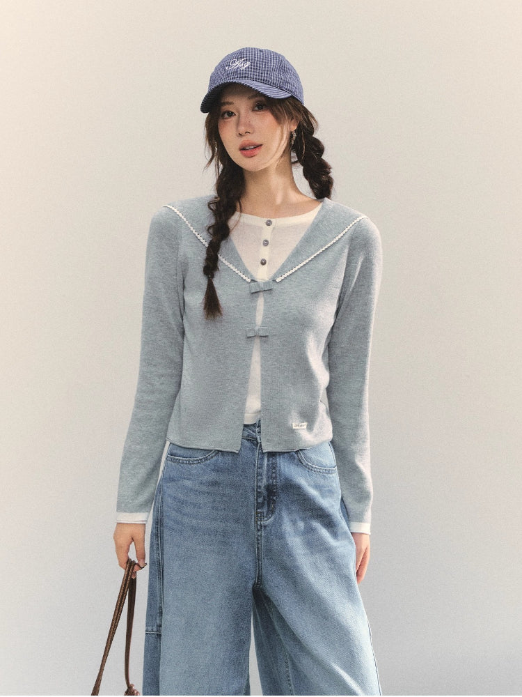 Contrasting Fake Two Piece Woolen Cardigan