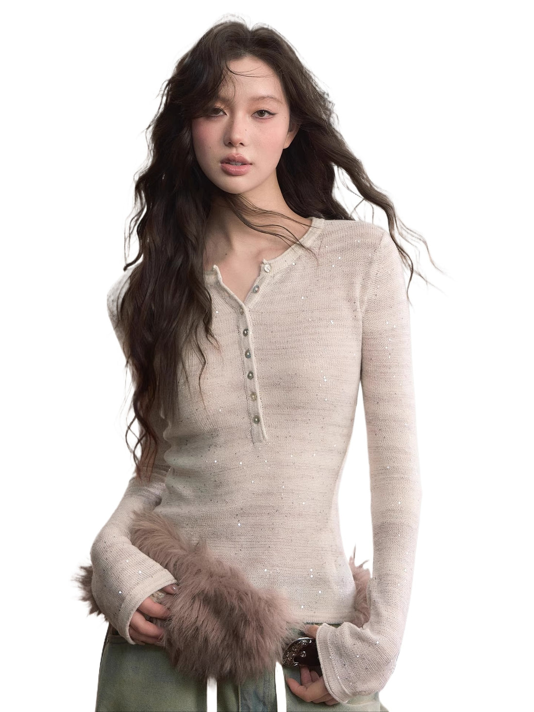 Sequin-Kissed Mélange Henley Knitwear