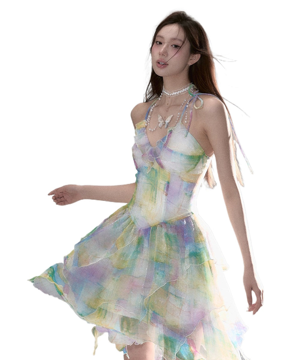 Ombre Colored Mesh Cinched Waist Suspender Maxi Dress - CHINASQUAD