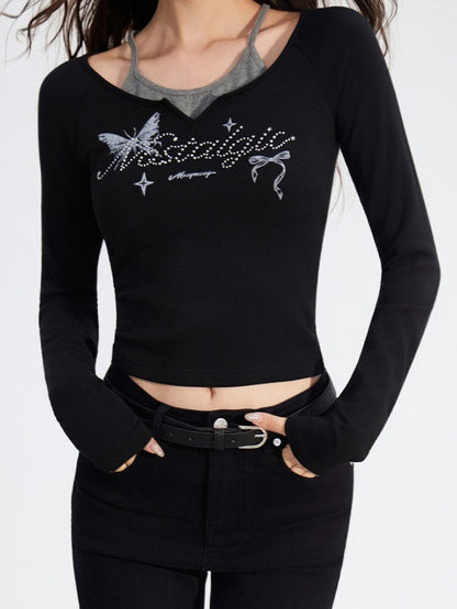 Butterfly Print Layered Slim-Fit T-Shirts