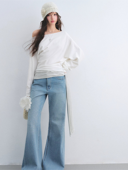 Asymmetric Batwing Sleeve Striped Tie-Hem Long Sleeve Top