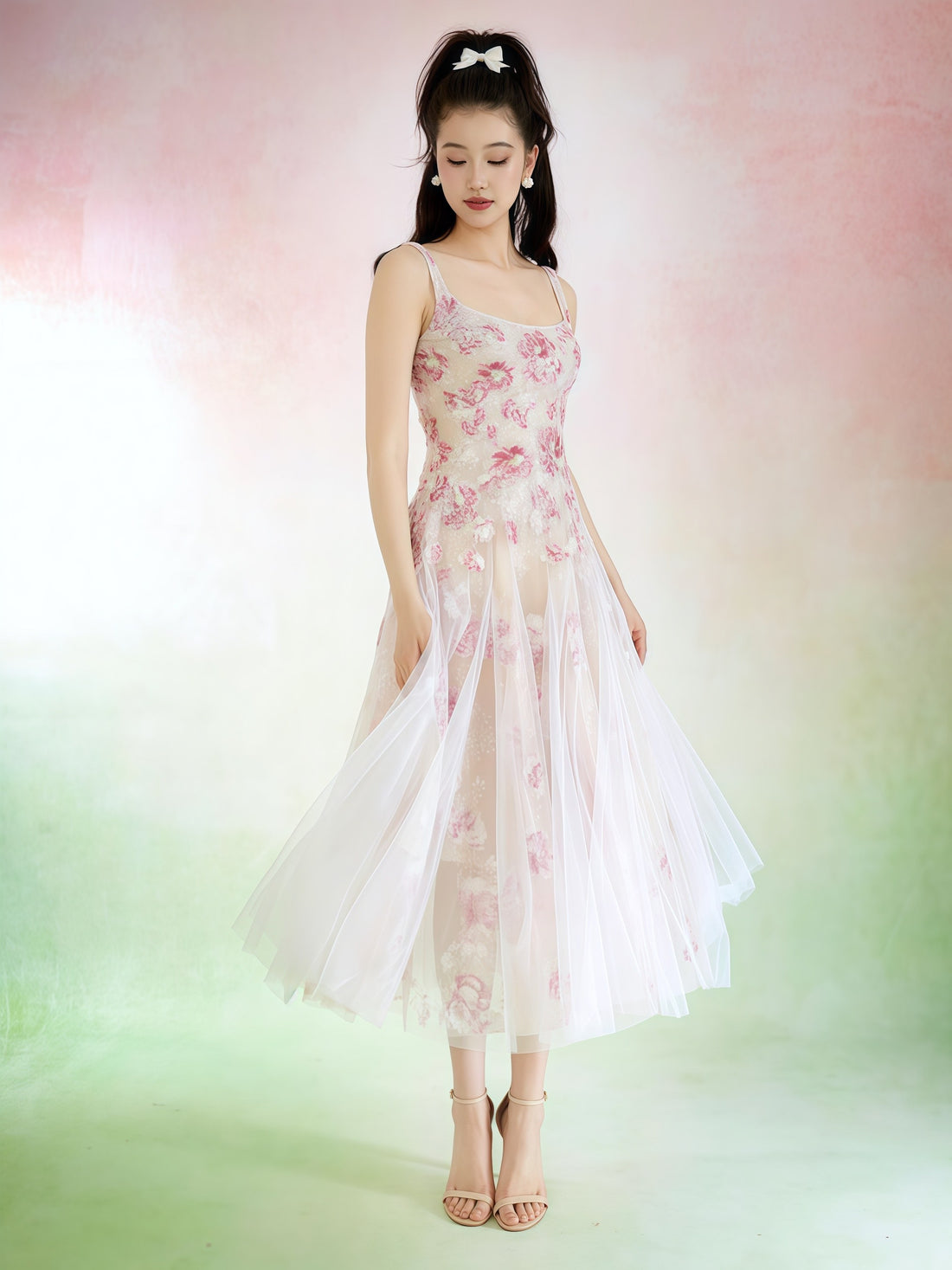 Blush Floral Embroidered Strap Tulle Midi Dress