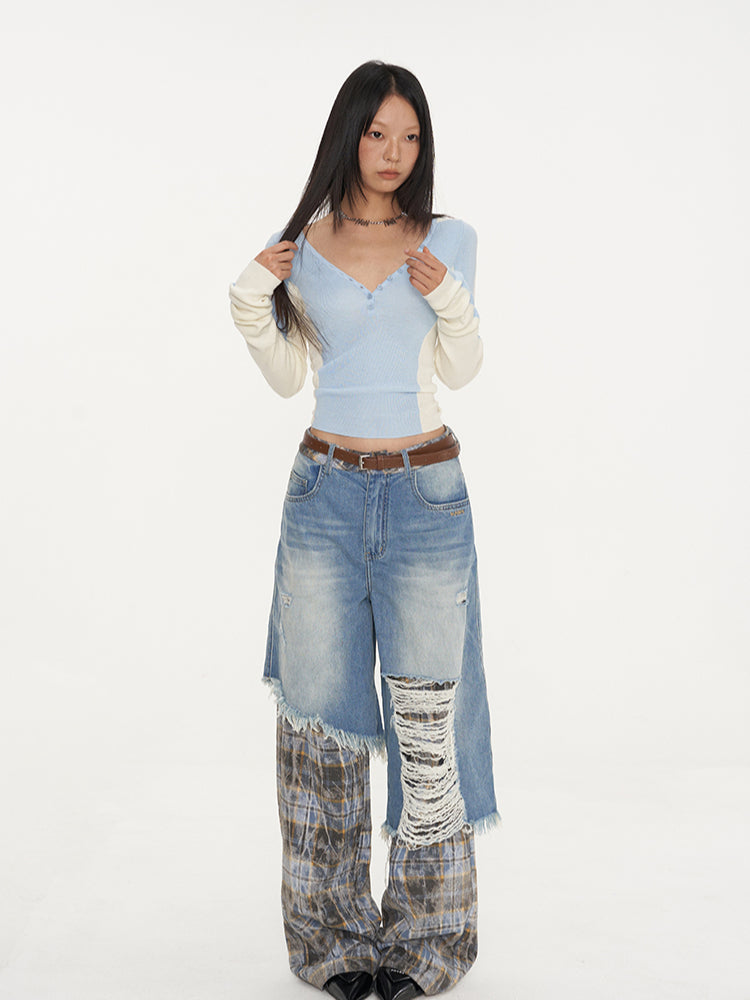 Dual-Layer Plaid Denim Pants