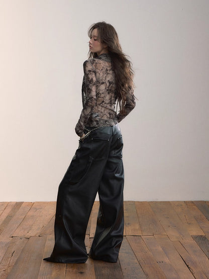 Sheer Lace Draped Crossover Blouse
